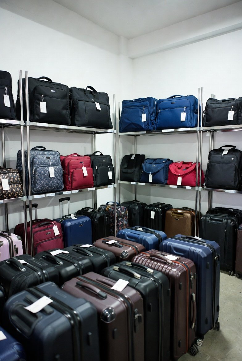 Luggage arranged on display racks in a Singapore wholesale showroom