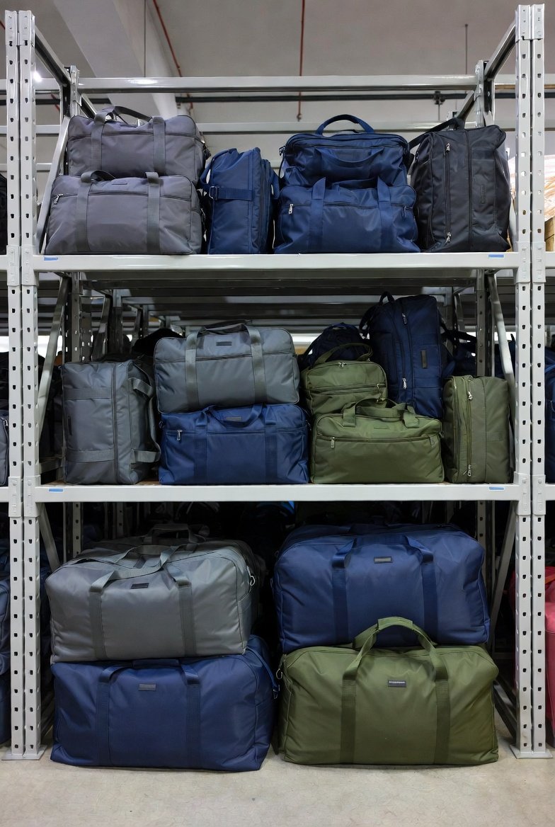 Duffle bags and travel holdalls on a warehouse shelf in Singapore